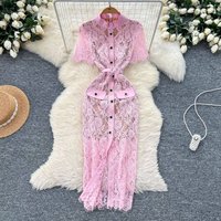 Clothing Hollow Hook Lace Metal Buttoned Slim Short Sleeved Dress Female Celebrity Light Luxury Dress