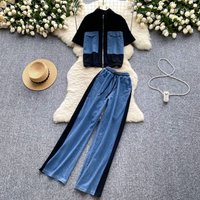 Clothing denim patchwork irregular suit summer stand up collar zipper shirt + high waist slim wide leg trousers