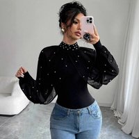 " Mesh Long Sleeve Bodysuit – Sexy Beaded Puff Sleeve Top Triangle Panties Tight Fit Evening & Party"