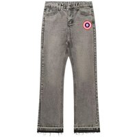 Men's Washed Vintage Jeans - Distressed Hem Fringe & Color Block Design With US Map Logo