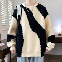 Men's Color Block Sweater - Oversized Geometric Knit Pullover With Drop Shoulder, Trendy Streetwear Crewneck Jumper For Teens & Young Adults