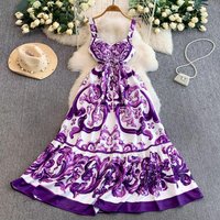 Blue And White Porcelain Print Strapless Suspender Dress V Neck European American Style with Bra Pads Slimming Waist Ruffled Hem