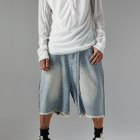 Clothing High Street Retro Washed Raw Edge Denim Shorts Personality Hot Diamond Shorts Wide Leg