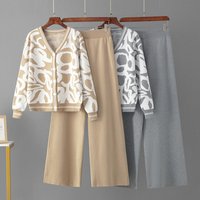 Women's Jacquard Knit Set – Leopard Print Cardigan + Wide-Leg Pants (Black/Gray/Khaki, One Size) – Rayon Stretch Streetwear Outfit
