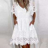 Clothing V Neck Lace Trim Short Sleeve Flowy Casual Dress