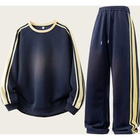 Retro Style Sweatshirt & Jogger Set Classic 3 Stripe Block Pullover Matching Athletic Pants Casual Loungewear & Streetwear