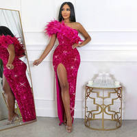 Clothing Sexy Fashion Feather Oblique Collar Banquet Dress Skirt Sequin Slit Long Skirt