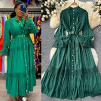 Clothing Court Vintage Elegant Dress Vertical Collar Trumpet Sleeve Tight Waist Single Breasted Lace Stitching Large Dress