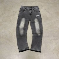 Angel Letter Fringe Hem Jeans Straight Cut Distressed Denim Embroidered Wings & Removable Chains
