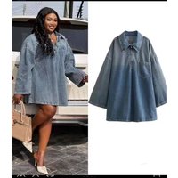 Simple Fashionable Versatile Flip Collar Loose Denim Dress
