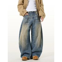 Vintage Streetwear Denim Pants Distressed Washed Baggy Jeans Straight Leg Dropped Crotch Relaxed Fit Button Fly
