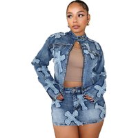 Women's fashion denim embroidered skirt jacket set