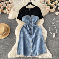 temperament age reducing vacation two piece dress French high end round neck short sleeved patchwork waist denim long skirt