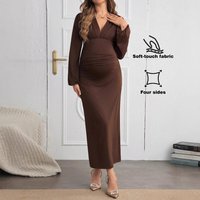 Maternity Dress Cross Border Long Sleeved Pleated Solid Color Slim Maternity Skirt Medium Length V Neck Maternity Dress