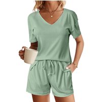 Women's Clothing New Solid Color V Neck Short Sleeved Waist Drawstring Shorts Two Piece Casual Suit For Women