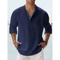 2025 Men's Linen Stand Collar Long-sleeved T-shirt, Loose-fitting Undershirt, Pure Color Long-sleeved Shirt