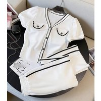 Clothing Fashion Sports Suit 2024 Summer Salt Series Age Reducing Cardigan Short Sleeved Wide Leg Pants Two Piece Suit