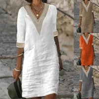 solid V neck mid sleeve cotton linen casual dress
