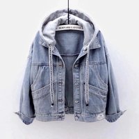 Clothing Denim Jacket Spring Autumn Short Loose BF Long Sleeve Hooded Jacket Large Pockets All Match Tops