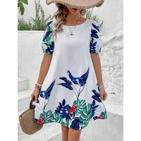 T line skirt crew neck holiday print cuff single dress