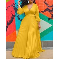 Women's Clothing Yellow High Waist Slim Solid Color Temperament Retro Chiffon Long Sleeve Long Dress (With Belt)