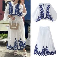 New Arrival Women's Fashion Contrast Color Exquisite Embroidery Shirt Skirt Suit
