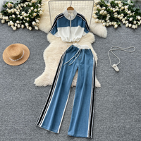 Clothing Fashion Suit Drawstring Waist Short Contrast Stand Collar High Waist Denim Wide Leg Pants