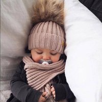 Knitted Woolen Hat Scarf Set Double Bells Autumn Winter Overhead Cap Neck Warmer Two Piece Set