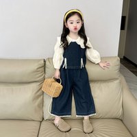 2024 autumn fashionable suit stylish collar shirt+denim vest pants three piece set