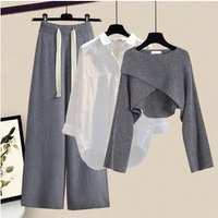 Salt style Outfit Fashionable Design Sweater Top Paired Slimming Casual Wide leg Pants Three piece Set.
