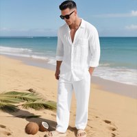 Linen Collared Long sleeved Shirt Long Pants Suit Perfect Beach Breathable Suitable Relaxing Vacation Outfit.