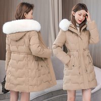 Winter Hooded Down Cotton Coat Long Padded Jacket Detachable Faux Fur Collar Slim Fit Waist Design Warm Thick Outerwear