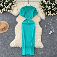 Clothing Celebrity temperament knitted dress style high end round neck breasted short sleeved slim fit long skirt