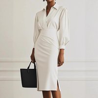 Women’s Clothing Elegant V-Neck Pleated Wrap Dress Slim Fit Long Sleeve Midi Dress, Casual & Office Wear, Polyester Stretch Fabric Available