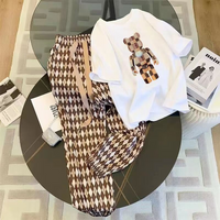 Cartoon Plaid Bear T Shirt Trousers Two Piece Set