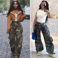 Distressed Camo Cargo Pants For Women | Oversized Streetwear Jeans With Multi-Pockets | Washed-Out Military Style (Camo/Grey, S-XXL)
