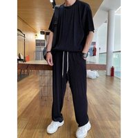 Casual Suit Trendy High Elasticity Venetian Strip Loose Super Hot Ice Silk Short Sleeve Sports Two piece Suit