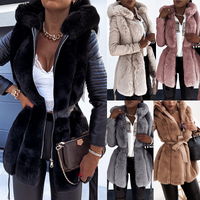Fur Coat Belt Hooded Solid Zip Jacket Coat