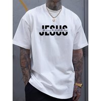 100% Pure Cotton Men's Summer Fashion Short Sleeved Shirt With Jesus Letter Pattern Printed Casual Slim Fit Versatile T-shirt Top