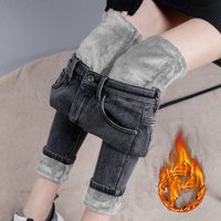 Clothing High waist jeans pants autumn winter velvet outer wear thickened tight elastic versatile pencil pants small feet