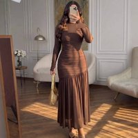 Elegant Stretchy Polyester Bodycon Midi Dress With Round Neck & Long Sleeves For Women - Slim Fit High Waist Workwear & Evening Dress (Beige, Coffee)โ