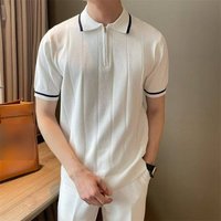 Summer Clothing Short Sleeve Shirt Knit Collared Striped Business Casual Half Zip Open Chest T Shirt