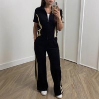 Commuter Casual Two Piece Set Zippered Short Sleeve Top Elastic Waist Straight Leg Pants Pocket