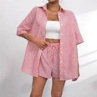 Clothing Lapel Casual Striped Short Sleeved Pants Two Piece Set