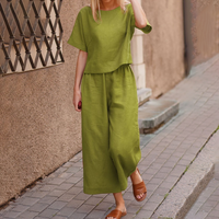 Spring Summer Solid Short Sleeve Cotton Linen Comfortable Breathable Temperament Commuter Two piece Set