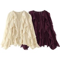 Clothing Elegant V Neck Layered Ruffle Blouse Pleated Hem Trendy Summer Top 10 Colors