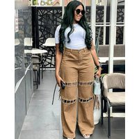 Women's High-Waisted Distressed Jeans With Chain & Patchwork Details – Edgy Straight-Leg Denim Pants, Green & Beige