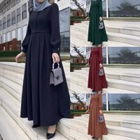 Ramadan Abaya 2025 Muslim Dubai Abaya Solid Casual Round Neck Long Sleeve Tied Waist Slim Loose Dresses Belt