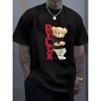 100% Pure Cotton Men's Summer Fashion Short Sleeved Cartoon Bear Printed Casual Slim Fit Versatile T-shirt Top