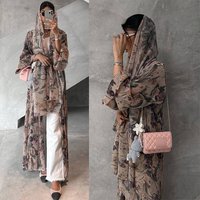 Elegant Middle Eastern Abaya Dress Long Sleeves Floral Print Pleated Open Front – Modest Loose Fit